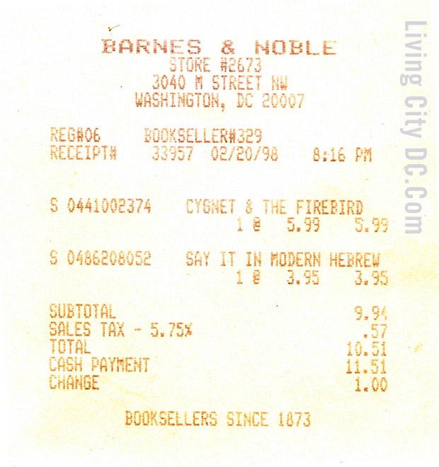 Barnes and Noble M Street Washington DC Receipt Barnes and Noble M Street Washington DC Receipt