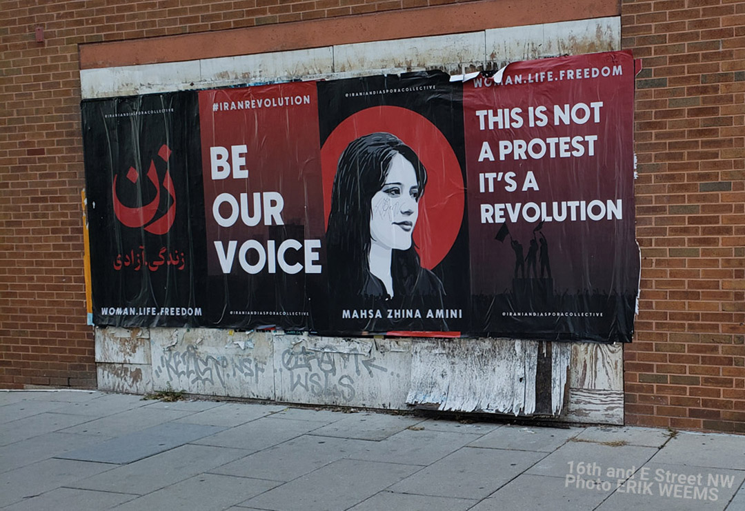 Mahsi Amini Protest Wall Banner on E Street NW DC Mahsi Amini Protest Wall Banner on E Street NW DC