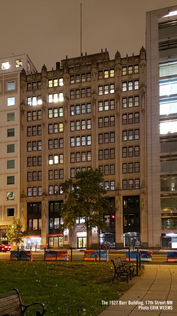 The Barr Building at night in Autumn at Farragut Park
