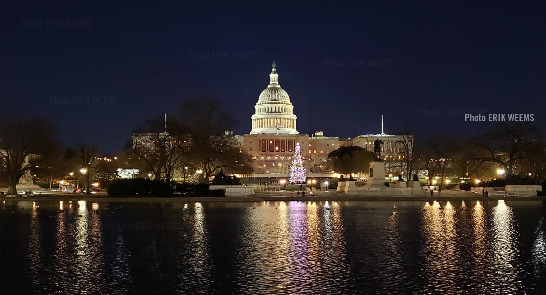 Click on image to enlarge - the DC Capitol Dome and reflecting pool with Christmas Tree in winter The DC Capitol Dome and reflecting pool with Christmas Tree in winter
