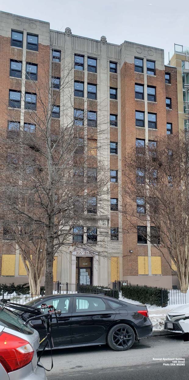Ravenal Apartments Building 1610 16th Street Washington DC in the snow and boarded up