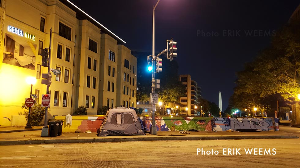 Homeless camp and Washington Monument
