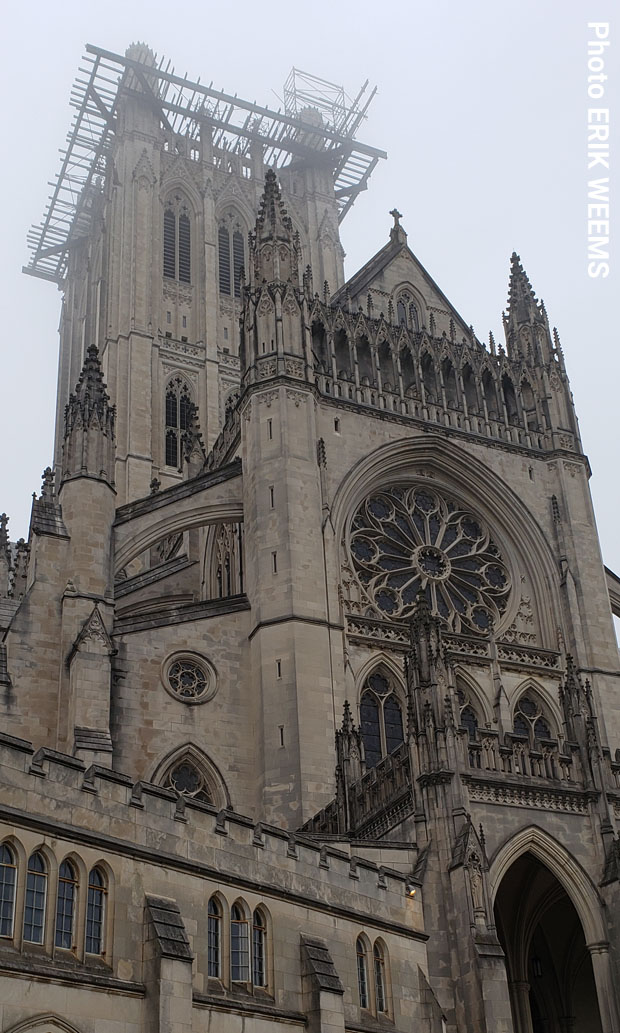 National Cathedral towers in fog