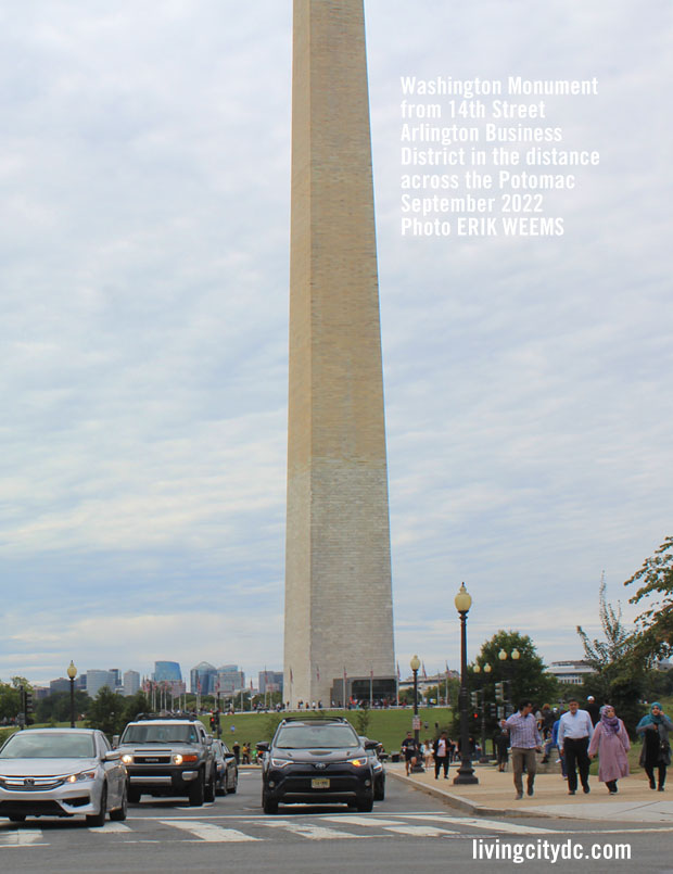 Washington Monument from 14th Street Arlington Business District in the distance across the Potomac