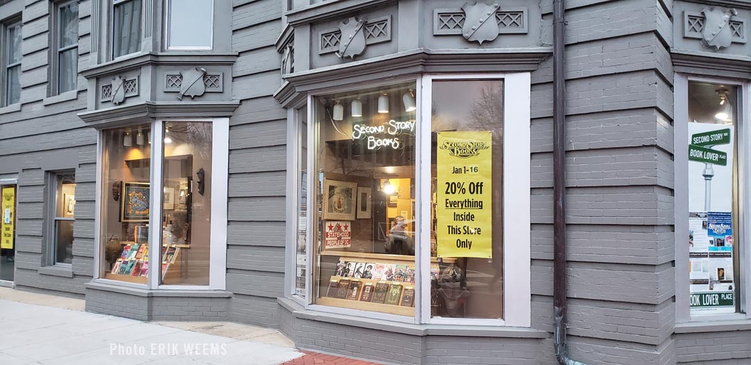 Outside the windows at Second Story Books in Washington DC near Dupont Circle